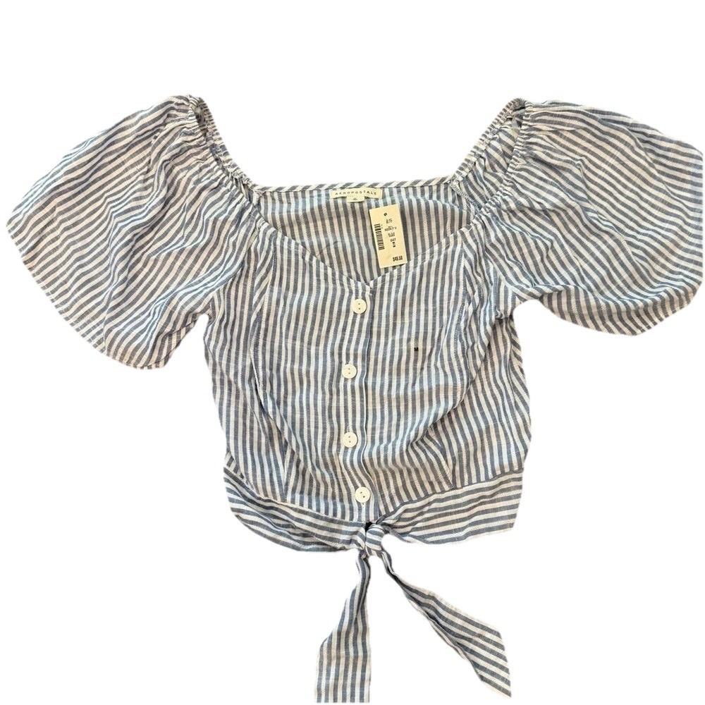 NWT Aeropostale Striped‎ Blue Crop Tie-Front Top M cottagecore Milkmaid Coquette